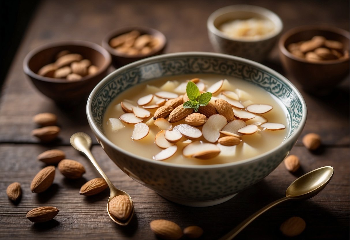 A bowl of Chinese almond dessert soup with sliced almonds, a spoon, and a decorative bowl on a wooden table