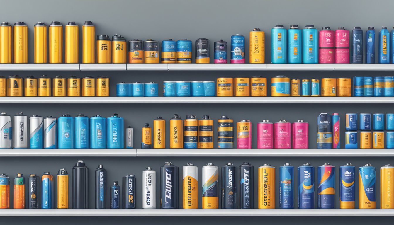Various battery brands arranged in rows on a store shelf. Bright packaging and different sizes are visible