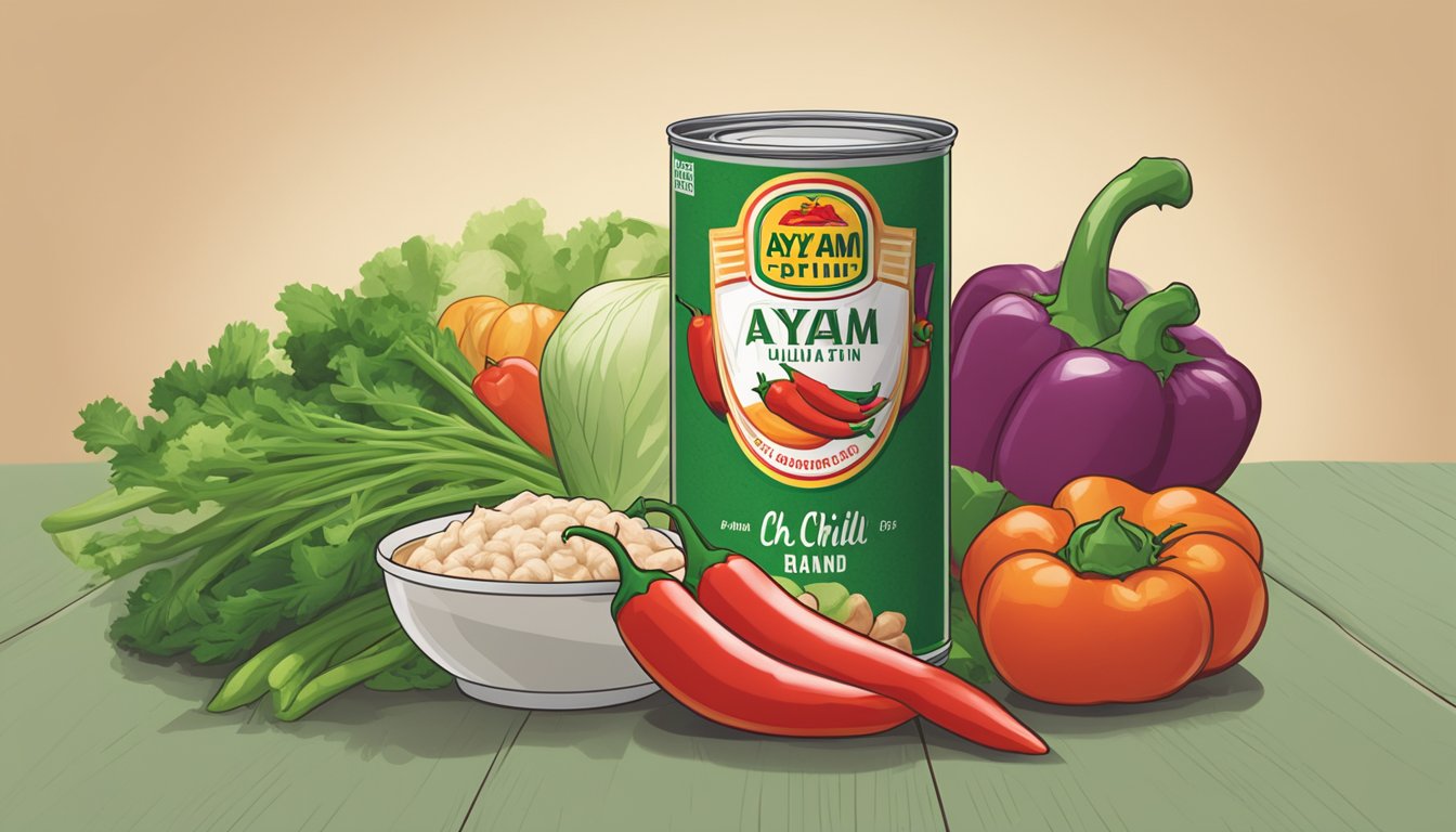 A can of Ayam Brand chilli tuna sits on a wooden table, surrounded by fresh vegetables and a fork. The label is prominently displayed, with steam rising from the open can