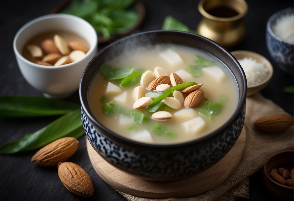 A steaming pot of Chinese almond dessert soup, with almonds, sugar, and milk simmering in a fragrant broth of water and pandan leaves