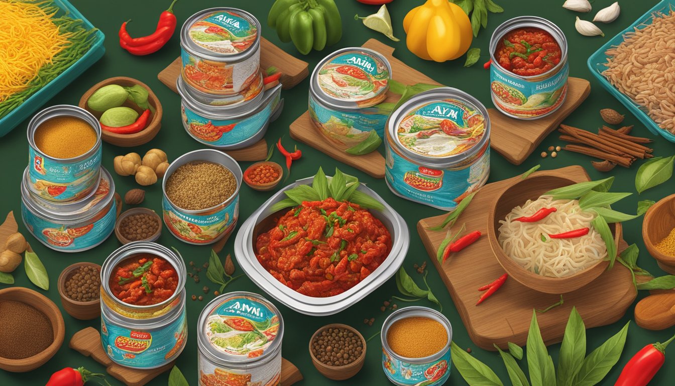 A table adorned with Ayam Brand™ Chilli Tuna cans, surrounded by traditional Malaysian spices and ingredients