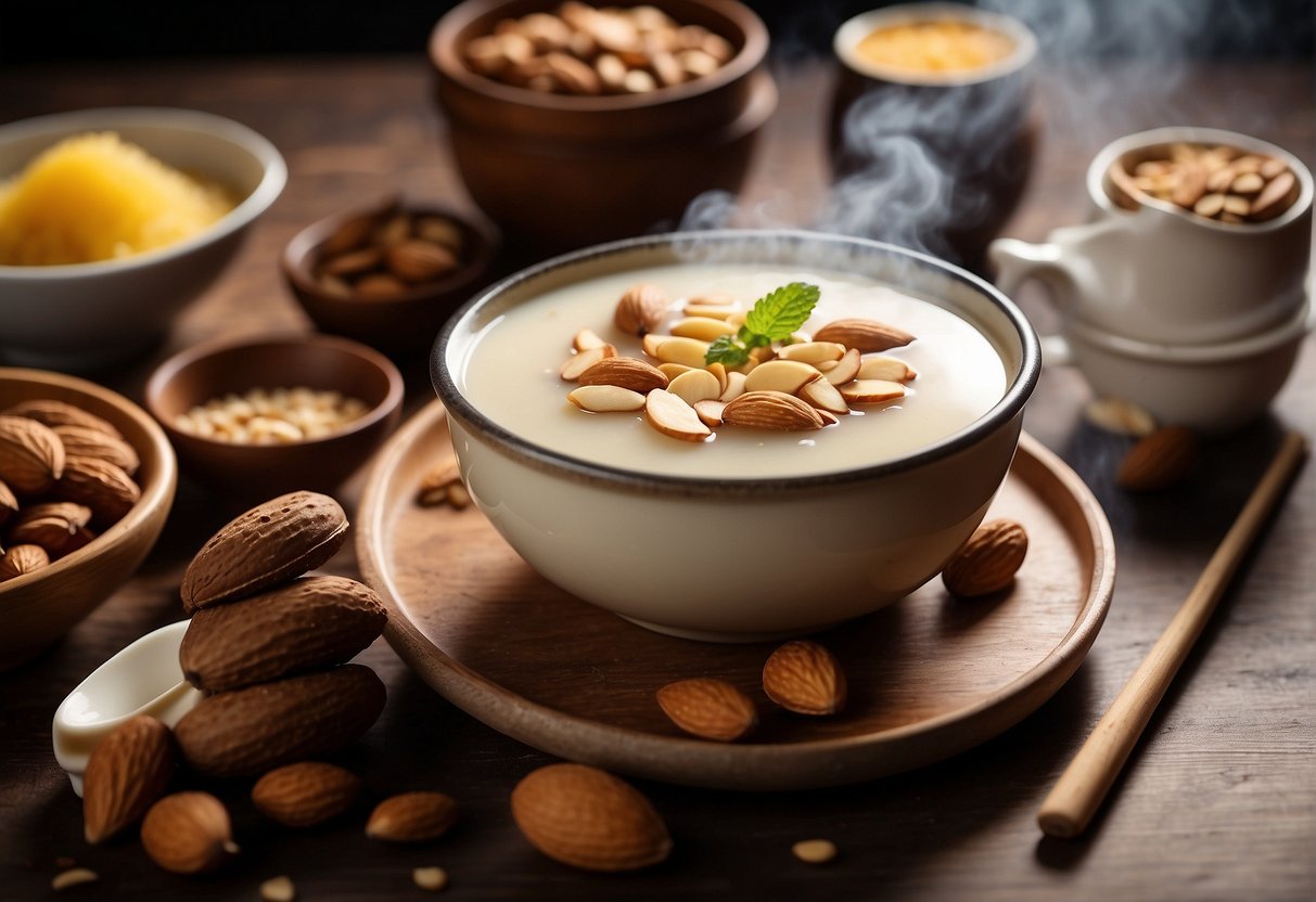 A steaming pot of Chinese almond dessert soup surrounded by ingredients like almonds, sugar, and milk, with a recipe book open to the "Frequently Asked Questions" section