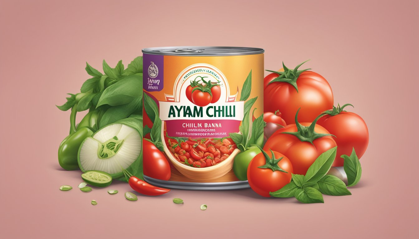 A can of Ayam Brand Chilli Tuna surrounded by vibrant, fresh ingredients like tomatoes, onions, and herbs, showcasing its nutritional benefits