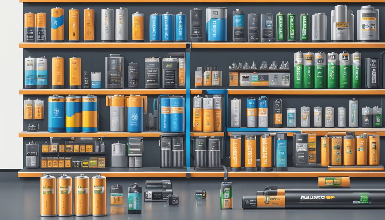 Various battery types and technologies displayed on shelves with prominent battery brands logos