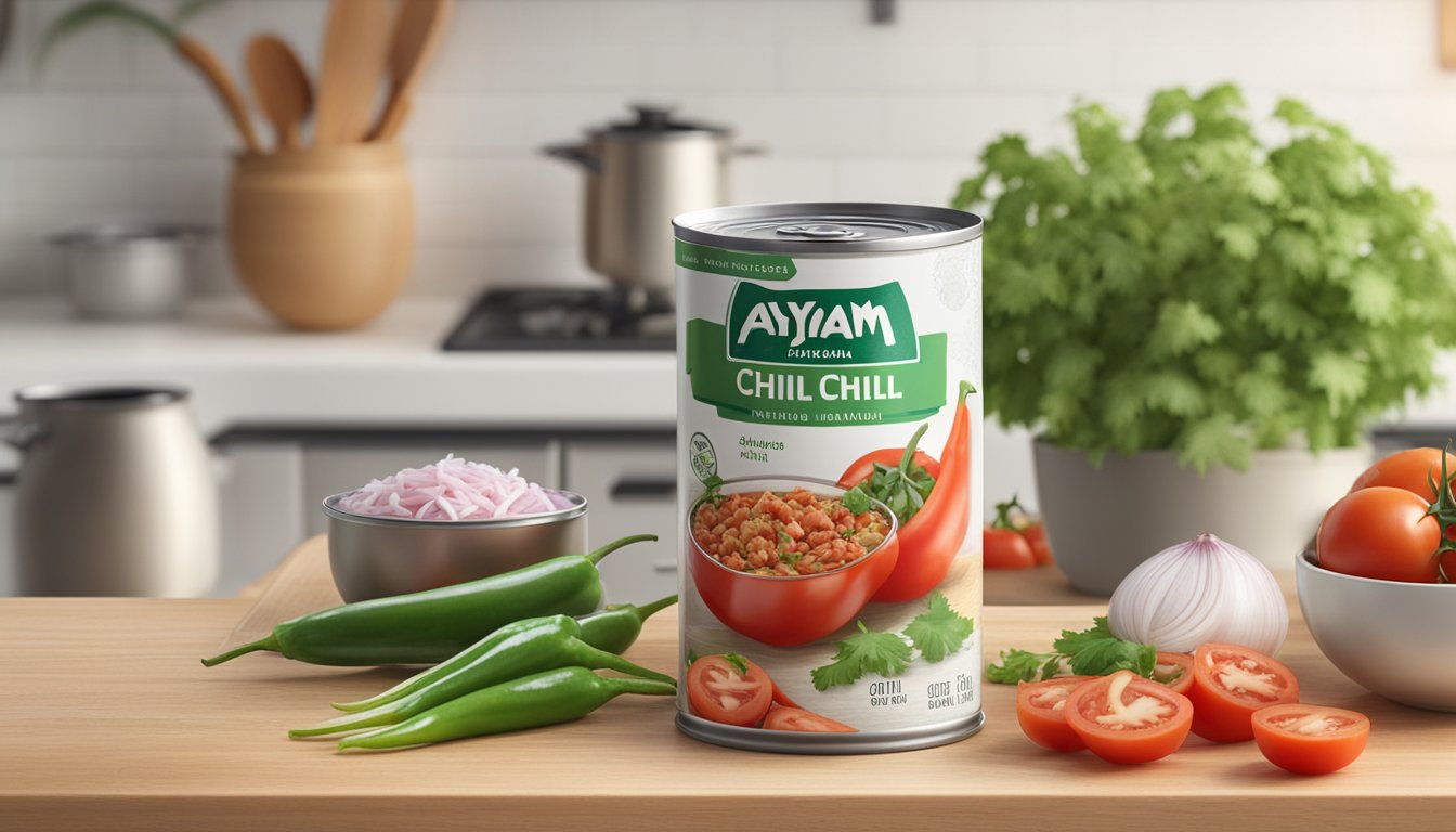 A can of Ayam Brand chilli tuna sits open on a clean kitchen counter, surrounded by fresh ingredients like chopped onions, tomatoes, and cilantro