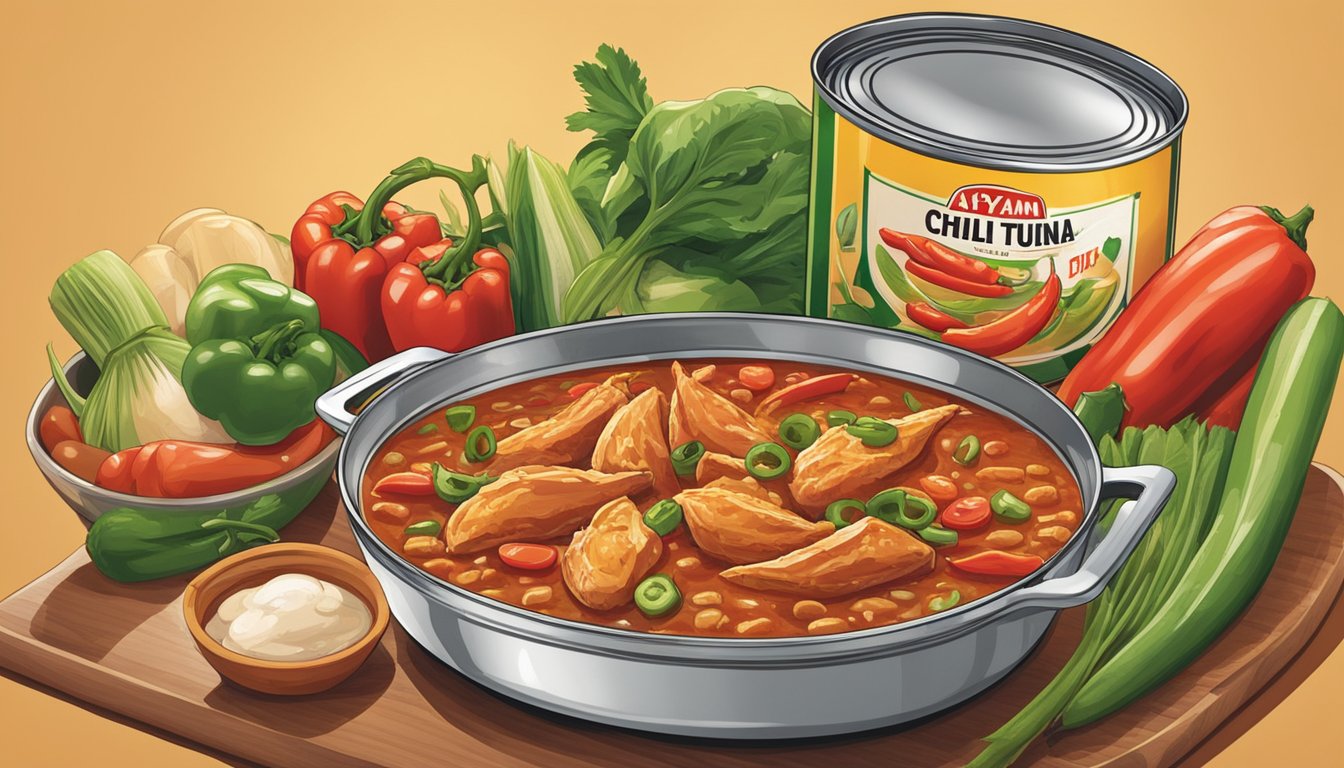 A can of Ayam Brand Chilli Tuna sits open on a kitchen counter, surrounded by fresh vegetables and a sizzling pan on the stove