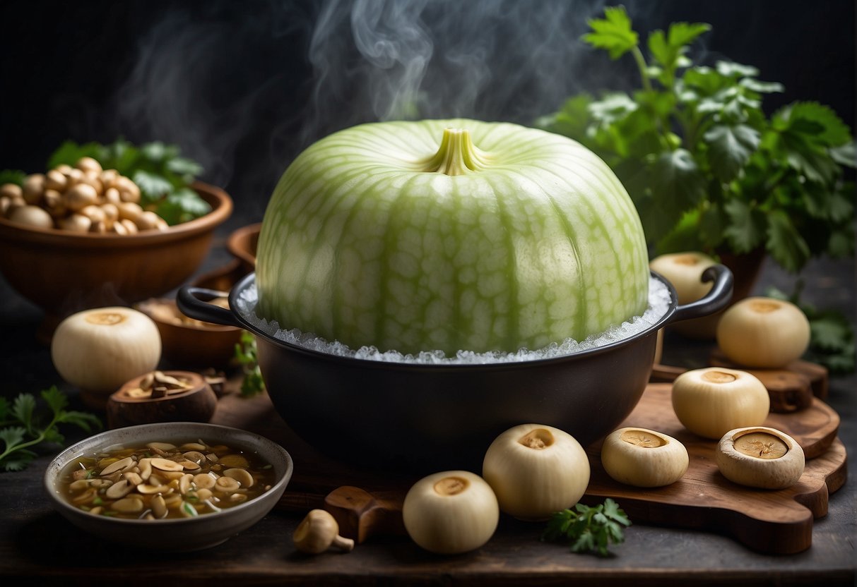 A whole winter melon sits in a large pot of clear broth, surrounded by ingredients like mushrooms and tofu, steam rising from the surface