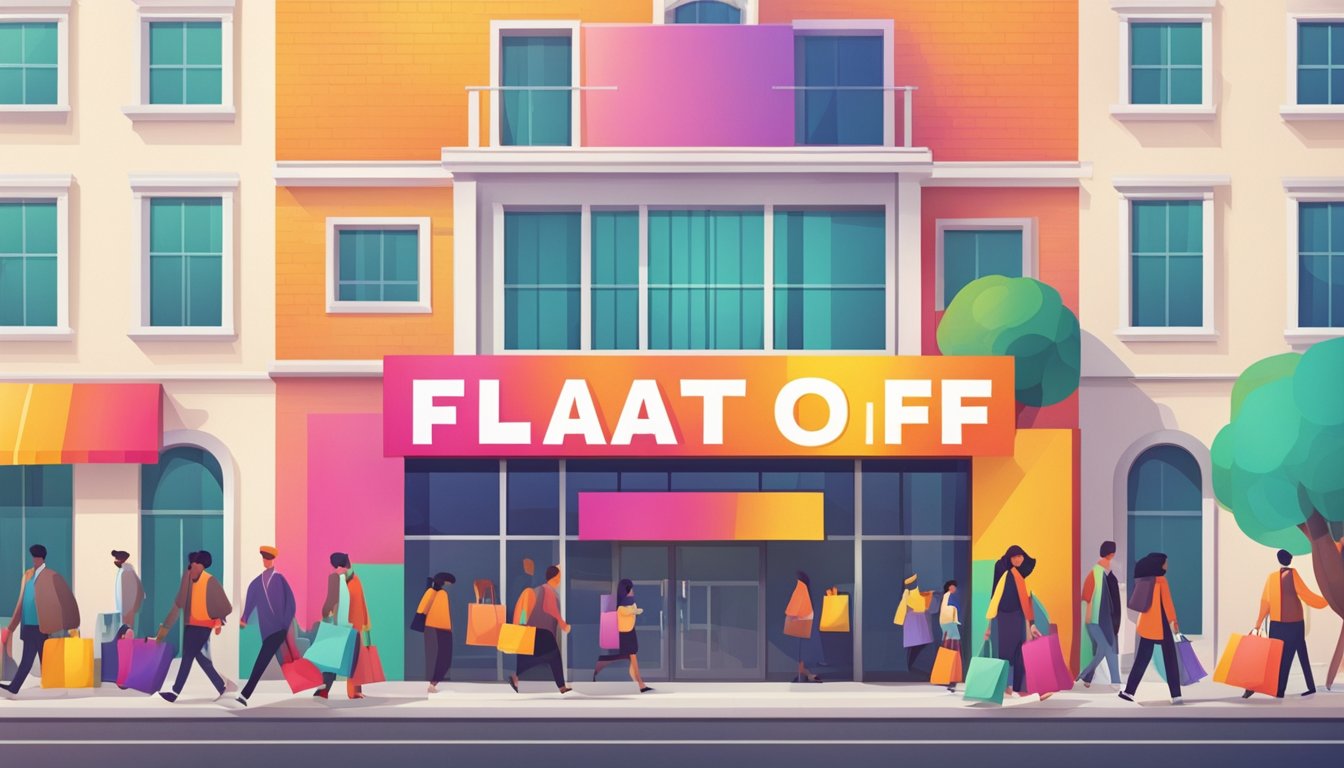 A colorful sign outside a brand factory with "Flat 50% off" in bold letters. Shoppers entering and leaving with bags