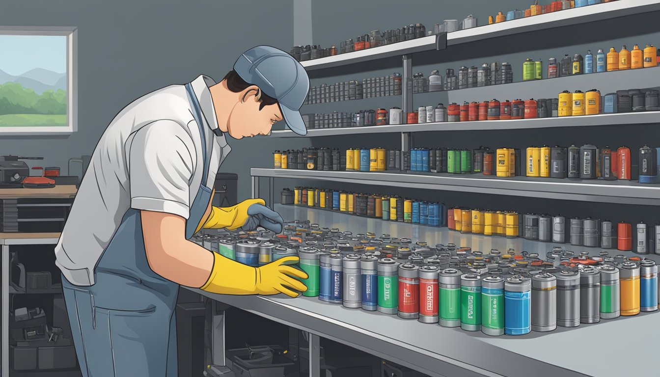 A person wearing gloves carefully cleans and inspects a row of various battery brands on a well-lit workbench