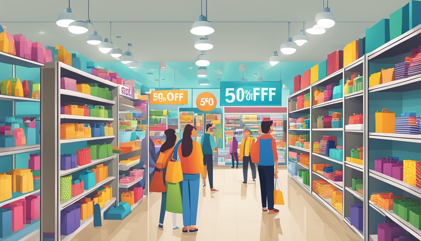 A crowded store with colorful banners advertising "Flat 50% Off Sales." Shelves are filled with discounted merchandise, and customers are eagerly browsing through the items