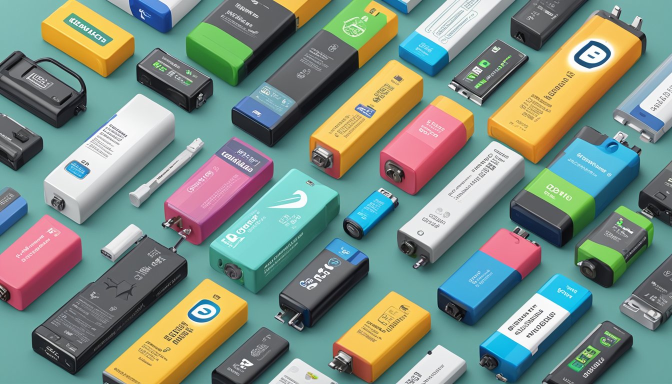 Various battery brands arranged in a grid, with "Frequently Asked Questions" text above. Displayed on a clean, modern background