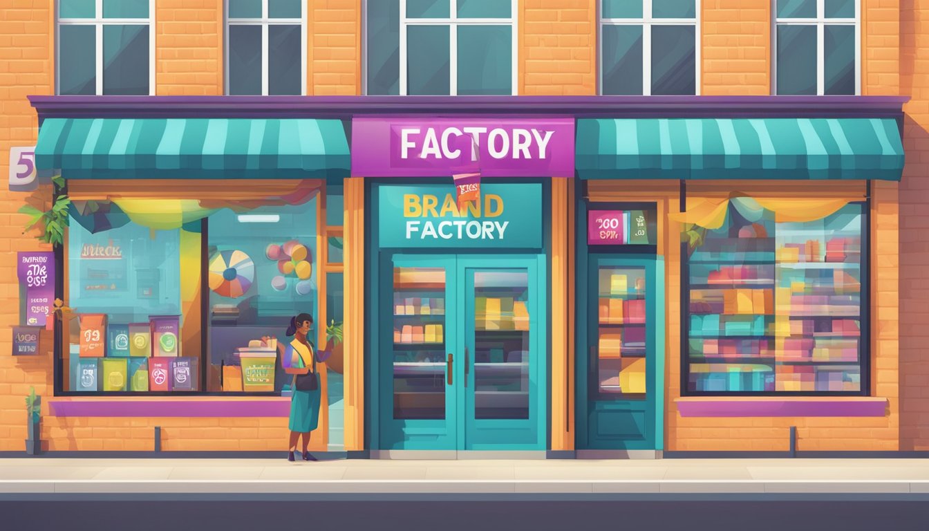 A vibrant store front with a bold sign reading "Brand Factory: Flat 50% Off" surrounded by eye-catching promotional banners and posters