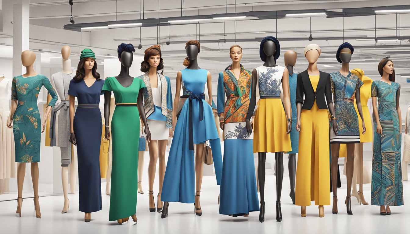 A diverse group of mannequins wearing different cultural attire, with a prominent "50% off" sign in a fashion brand factory
