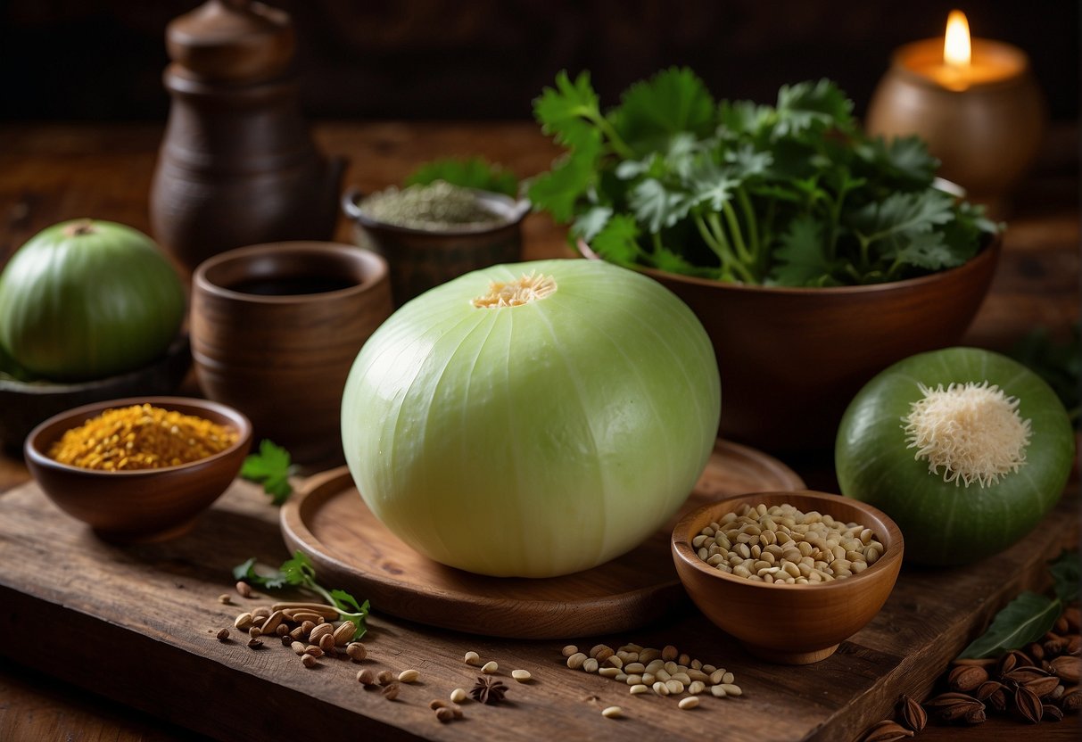 A whole winter melon sits on a wooden table surrounded by various Chinese herbs and spices, ready to be used in a traditional soup recipe