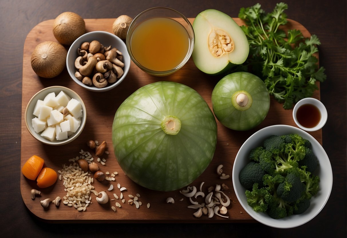 A whole winter melon sits on a cutting board surrounded by various ingredients such as mushrooms, carrots, and broth, ready to be prepared for Chinese soup