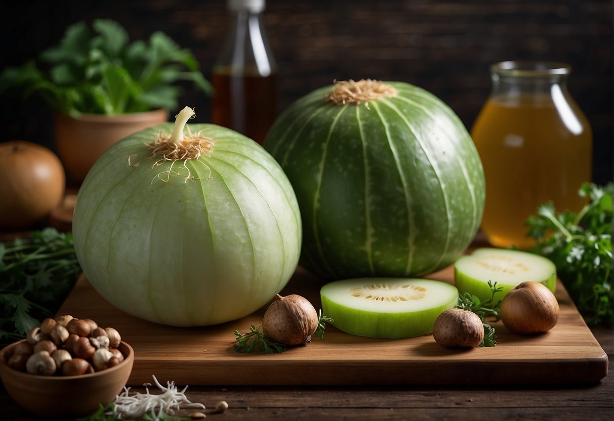 A whole winter melon sits on a cutting board, surrounded by various ingredients like pork, mushrooms, and herbs. A pot of simmering broth steams in the background