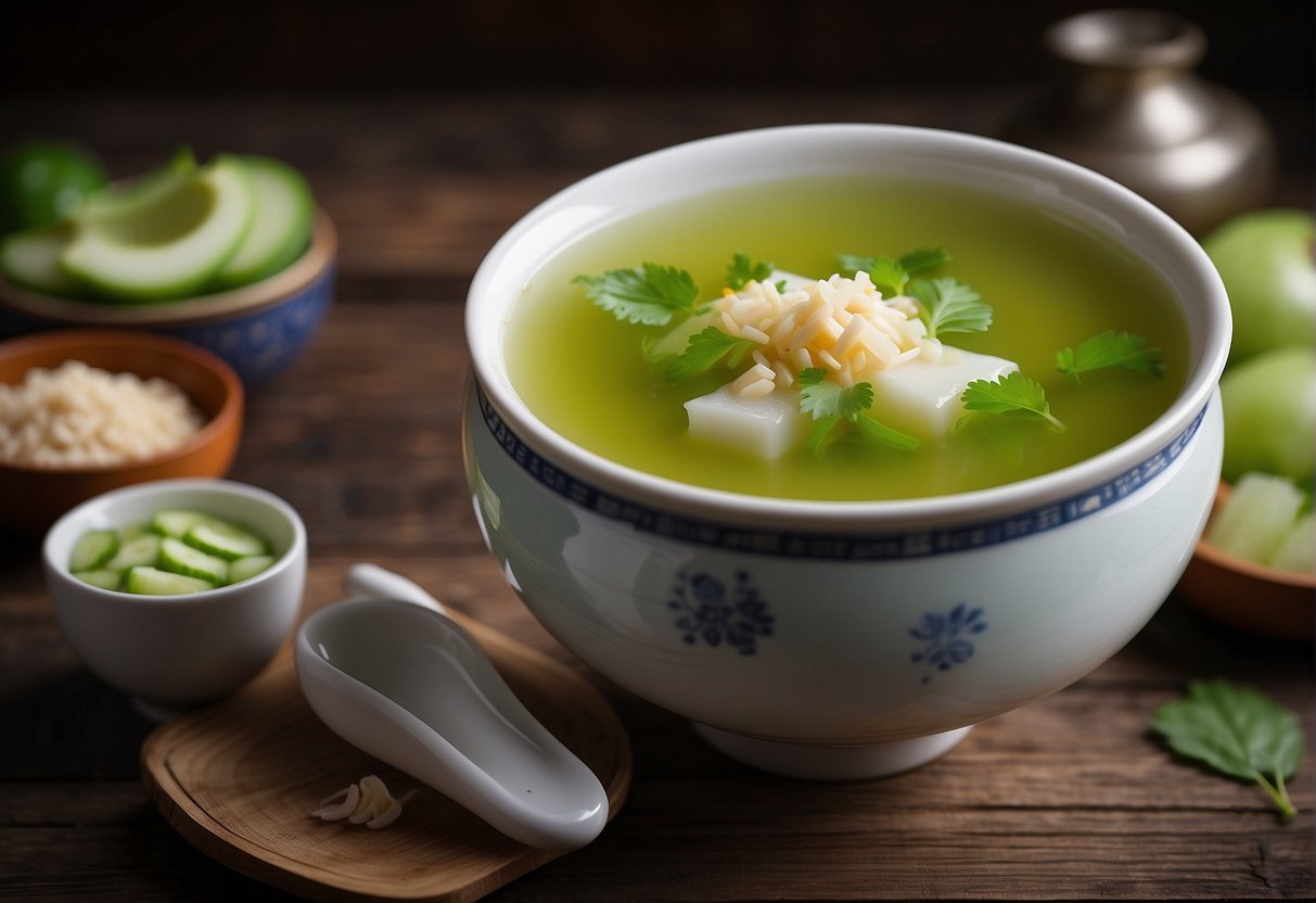 A steaming bowl of Chinese winter melon soup sits on a rustic wooden table, surrounded by small dishes of condiments and a pair of chopsticks