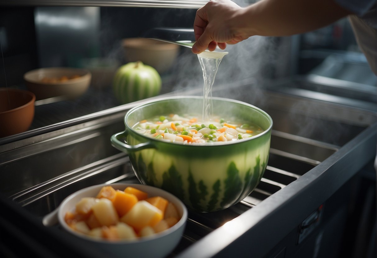 A whole winter melon soup is being stored in a refrigerator, with leftover soup being poured into a container for later use