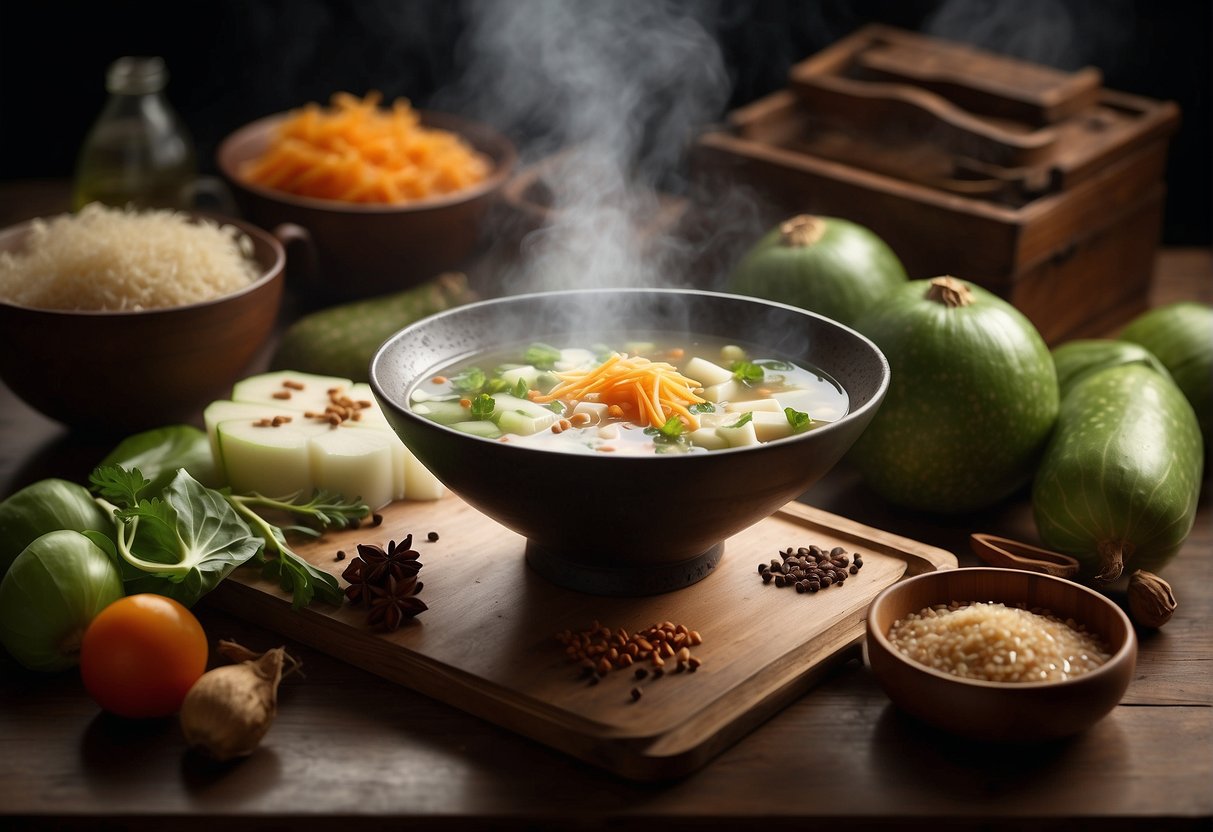 A steaming pot of Chinese winter melon soup surrounded by various ingredients and spices, with a recipe book open to the "Frequently Asked Questions" section