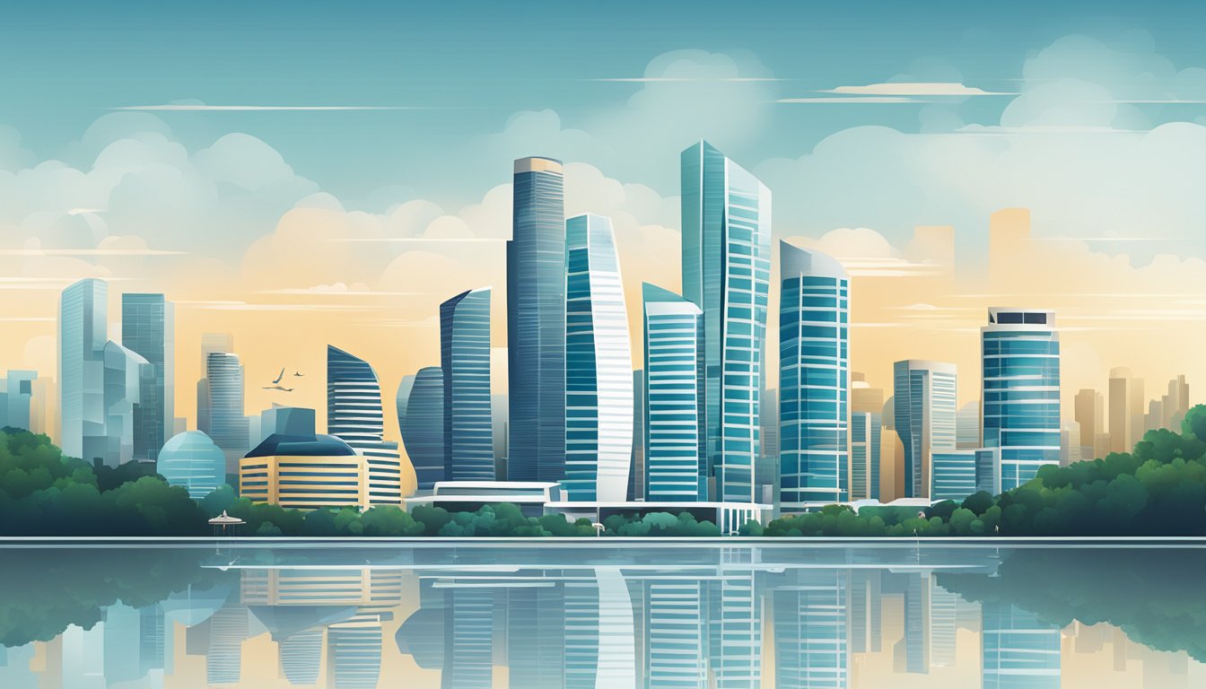 A modern skyline with iconic corporate buildings in Singapore, featuring sleek designs and prominent logos