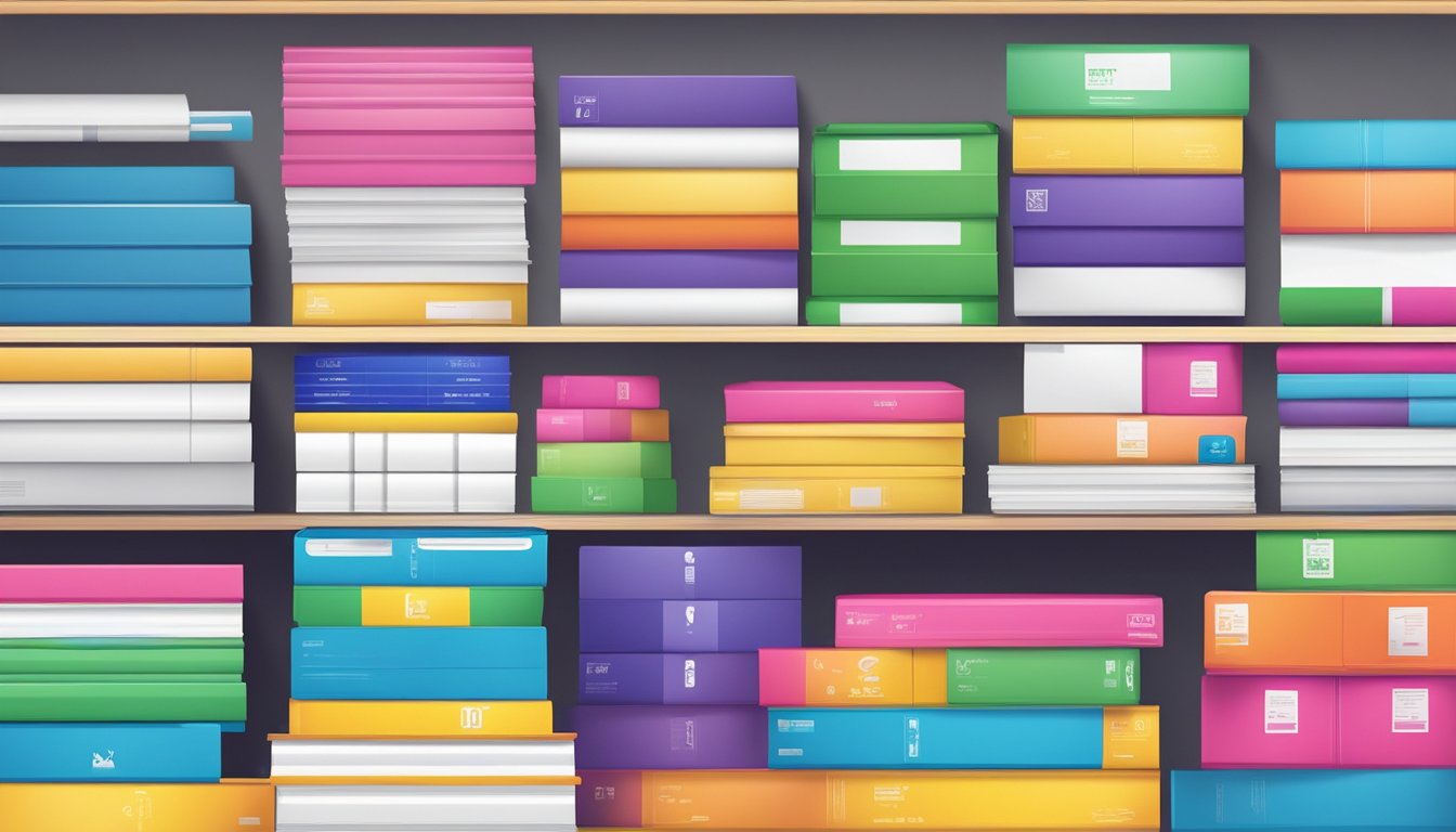 Various copy paper brands stacked on a shelf, with colorful packaging and logos. A printer and office supplies in the background