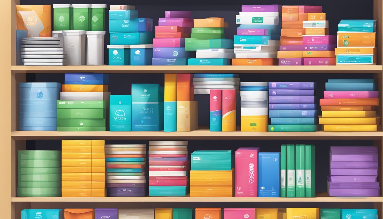 Various copy paper brands stacked on a shelf, with colorful packaging and logos prominently displayed