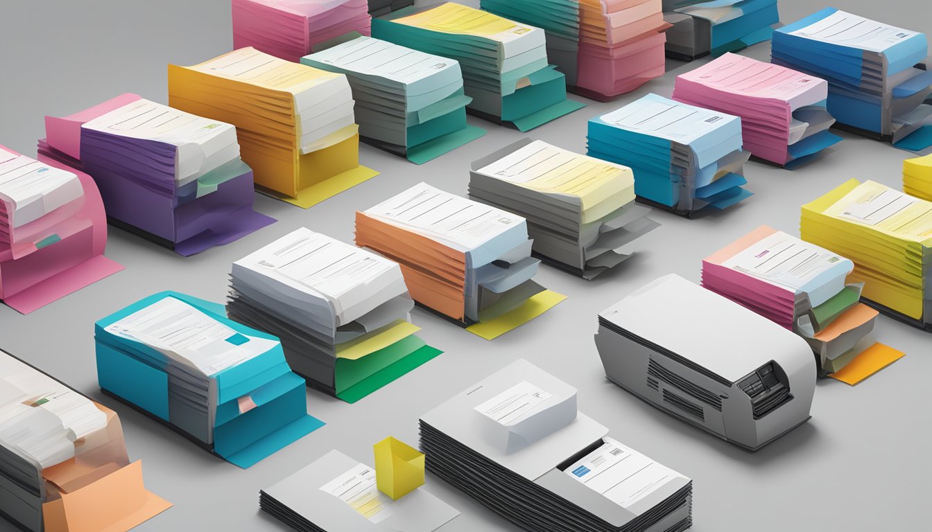 Various copy paper brands arranged next to a printer, showcasing compatibility and different paper types