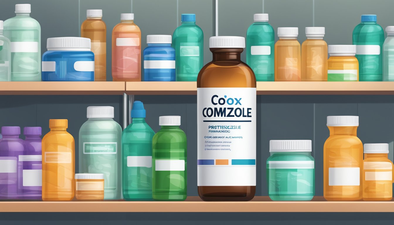 A bottle of Cotrimoxazole brand name medication sits on a pharmacy shelf, surrounded by other pharmaceutical products