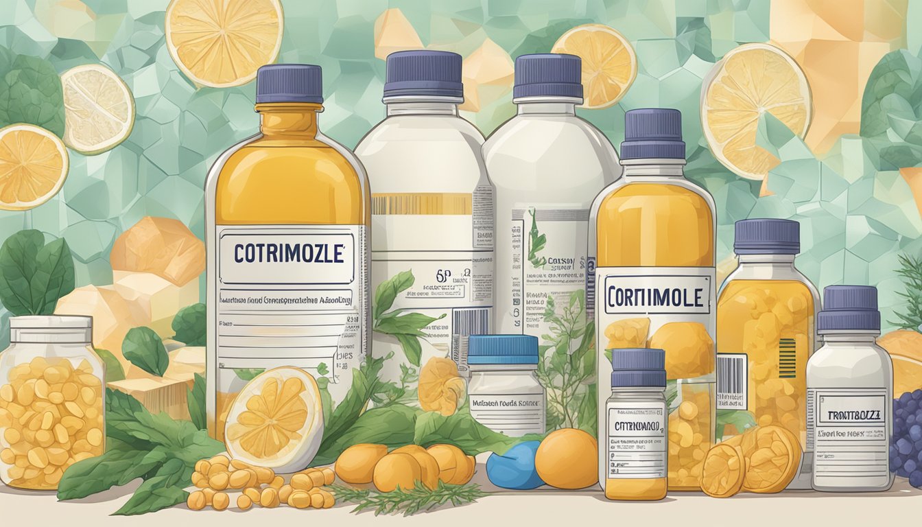 A bottle of cotrimoxazole with brand name prominently displayed, surrounded by its composition ingredients