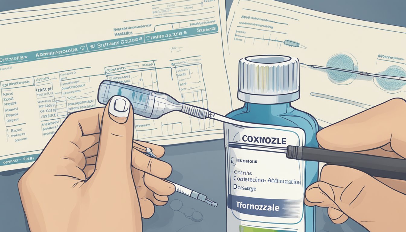 A hand holding a bottle of cotrimoxazole, with a syringe drawing up the correct dosage. A dosage chart and administration instructions are visible in the background