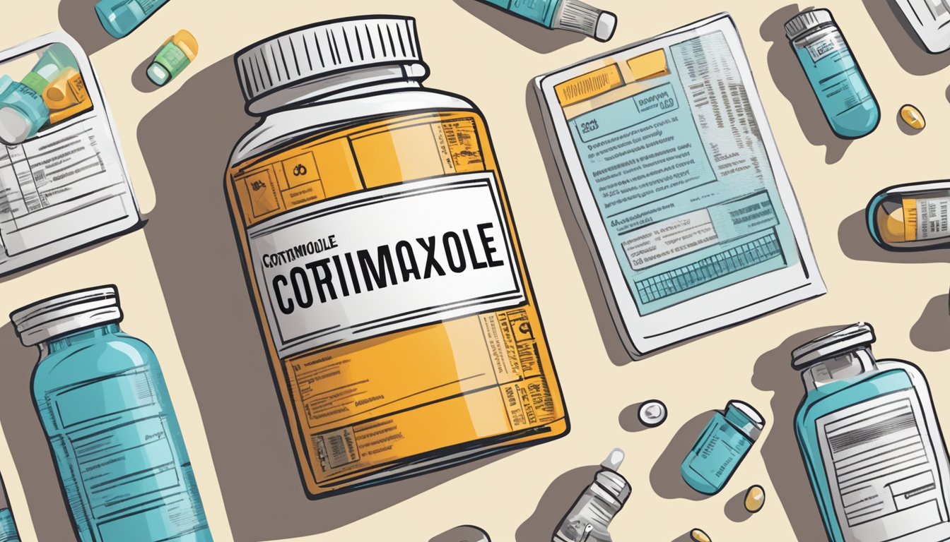 A bottle of cotrimoxazole surrounded by various medications and a warning label