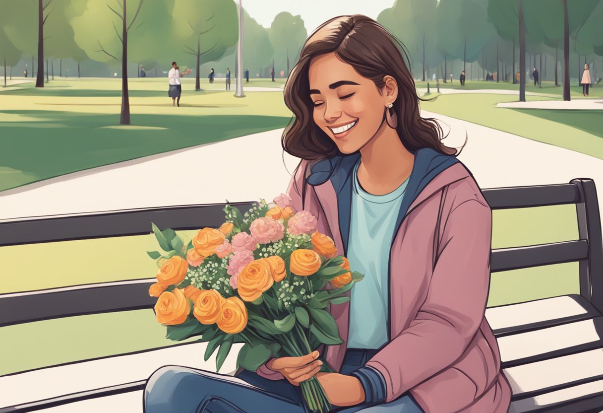 A girl sitting on a park bench, holding a bouquet of flowers, with a smile on her face as she looks at her phone, receiving compliments on her Instagram picture