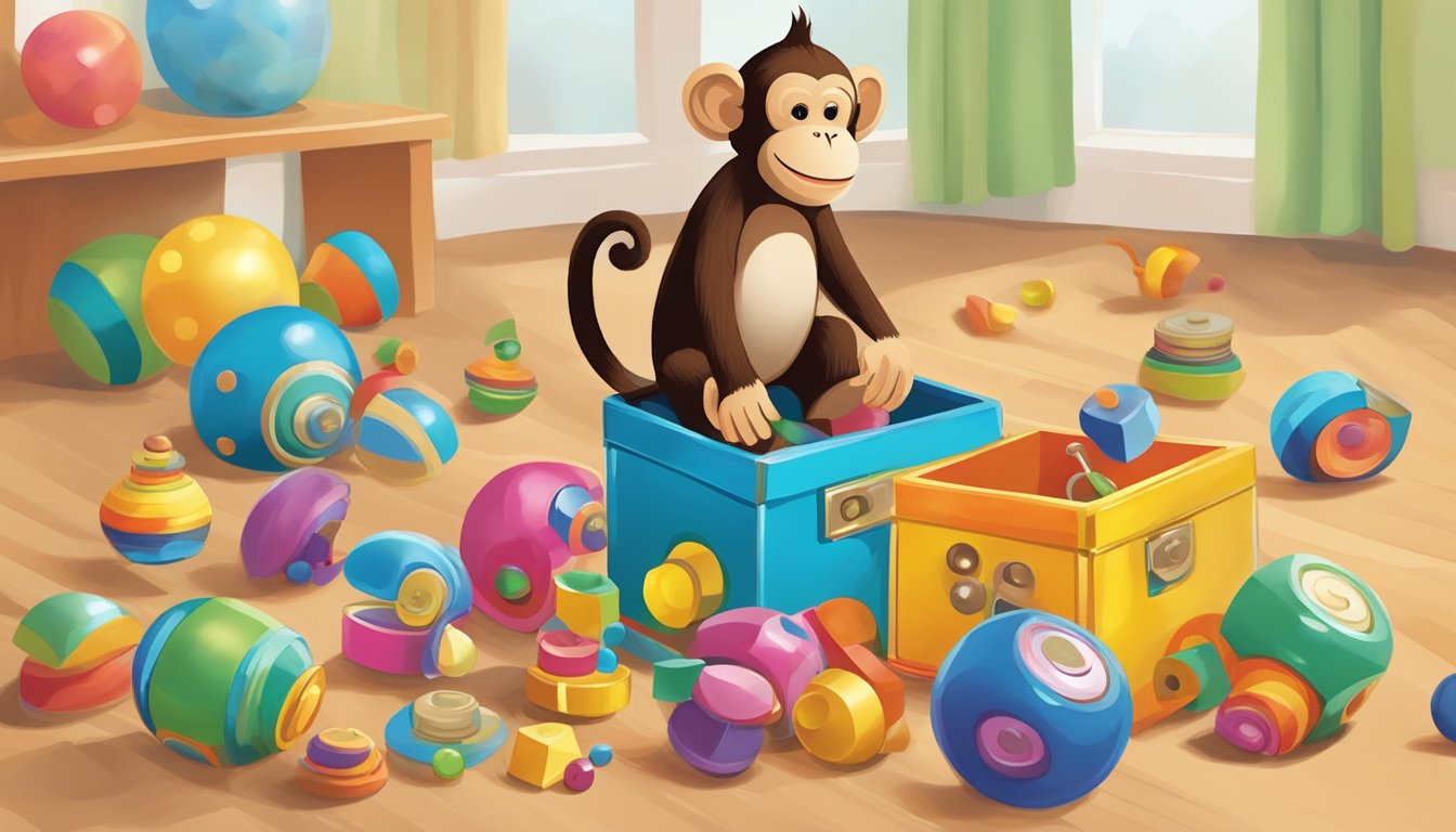 Colorful toys scattered on the floor, a jack-in-the-box springs open, a wind-up monkey claps its cymbals, and a spinning top whirls