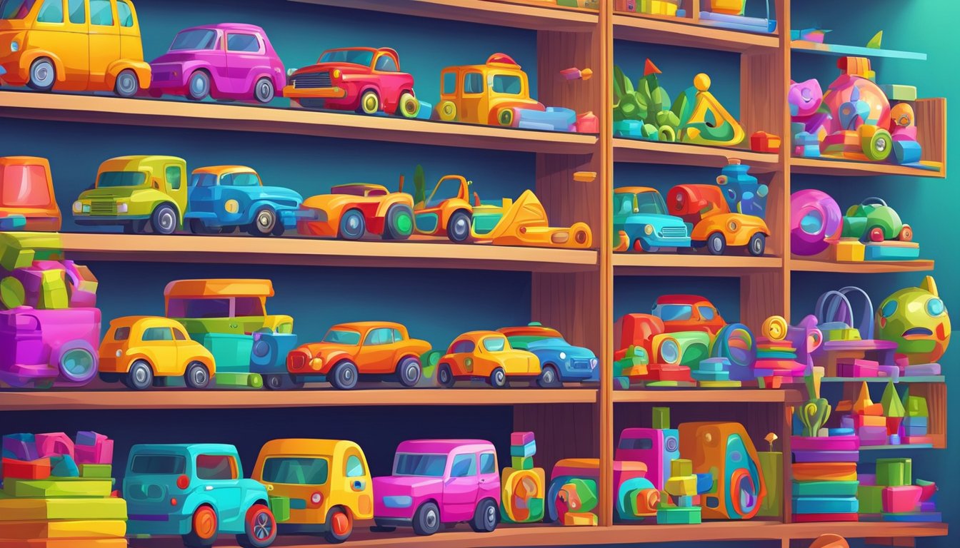 Colorful Crazy Toys Collections displayed on shelves in a vibrant toy store