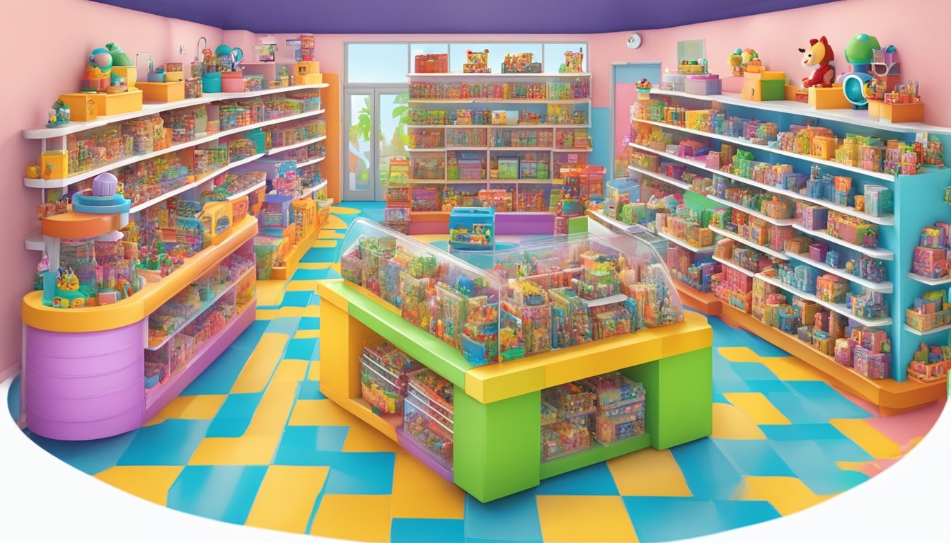 A crowded toy store display Crazy Toys brand products on colorful shelves. Customers browse and point at the whimsical, vibrant toys
