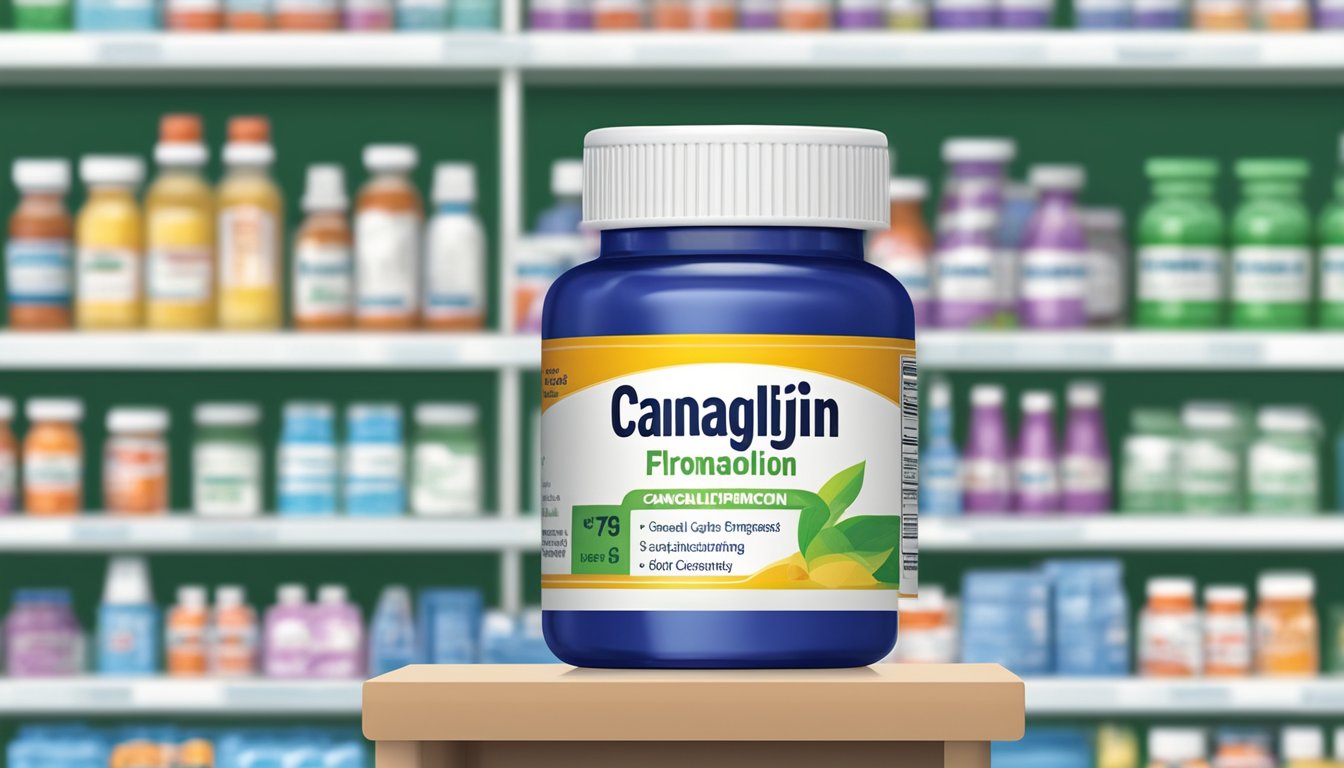 A bottle of canagliflozin brand name stands on a pharmacy shelf, with the label prominently displayed
