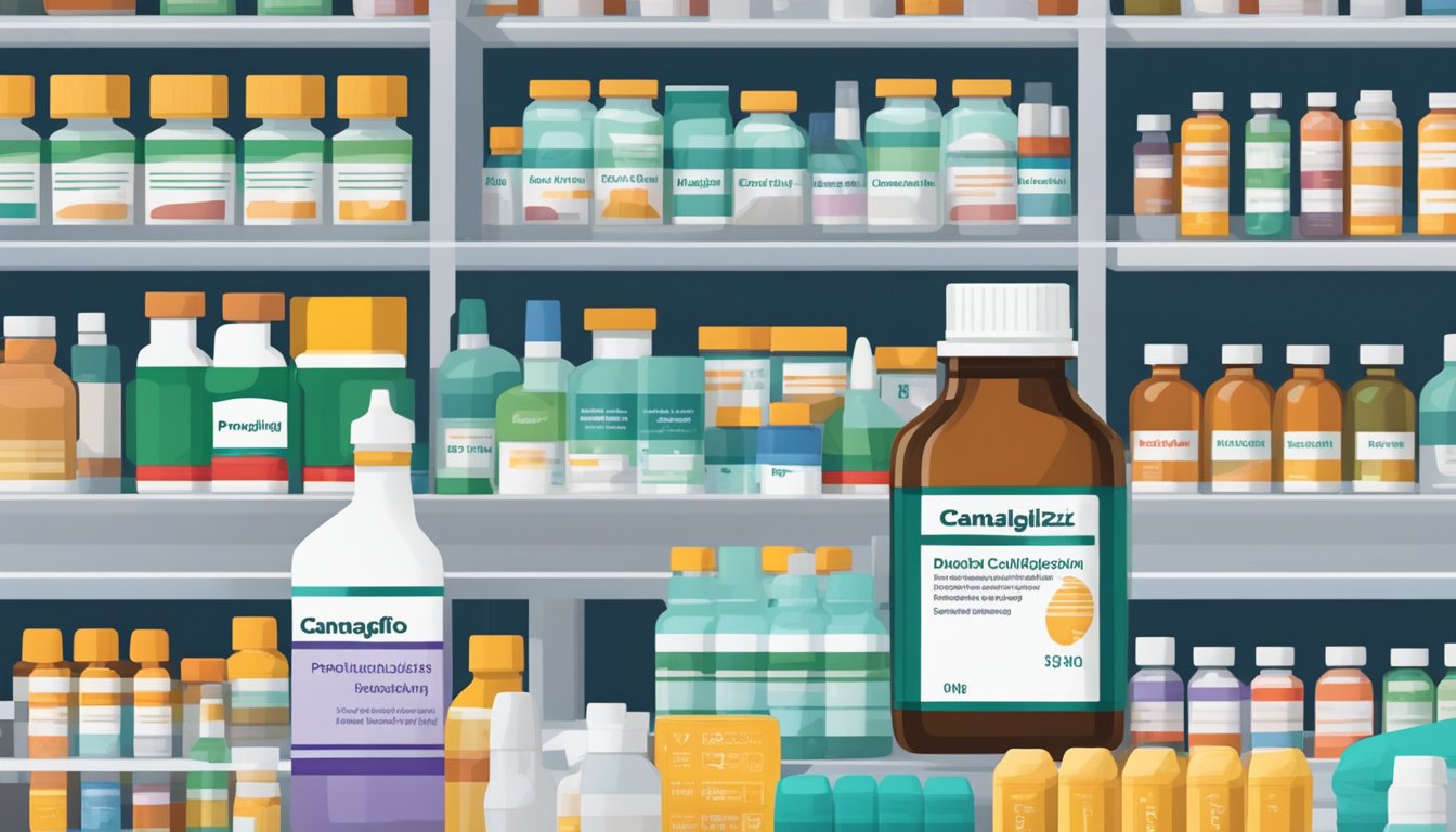 A bottle of canagliflozin brand name sits on a pharmacy shelf, surrounded by other medications. The label prominently displays the drug's name and dosage information