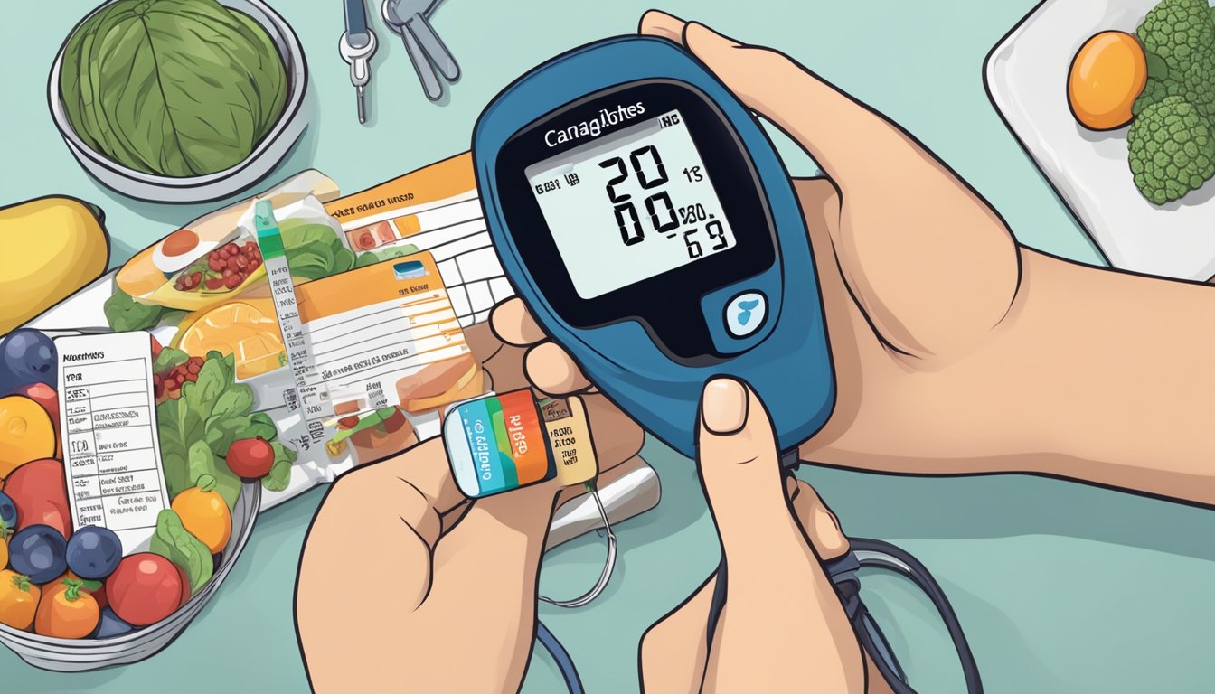 A person's hand holding a bottle of canagliflozin with a label reading "Managing Type 2 Diabetes" next to a blood glucose meter and healthy food options