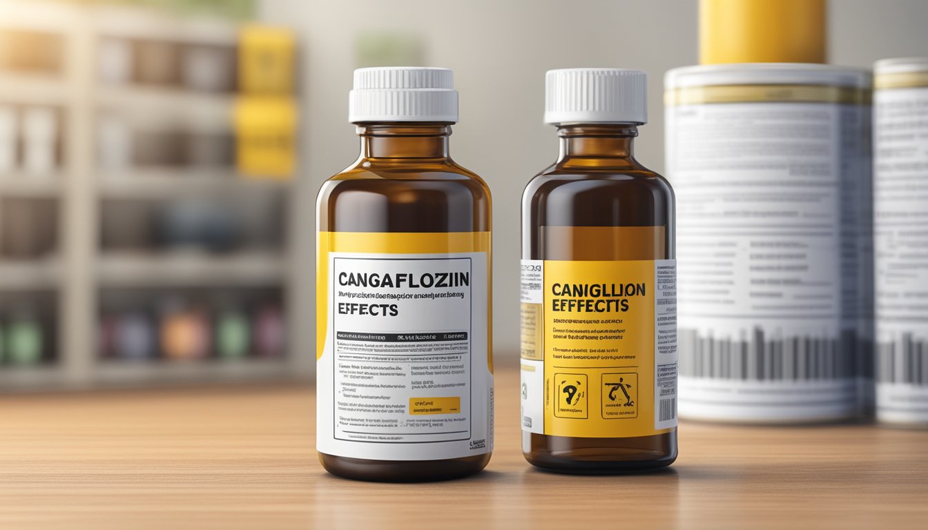 A bottle of canagliflozin with a warning label, surrounded by caution signs and a list of potential risks and side effects