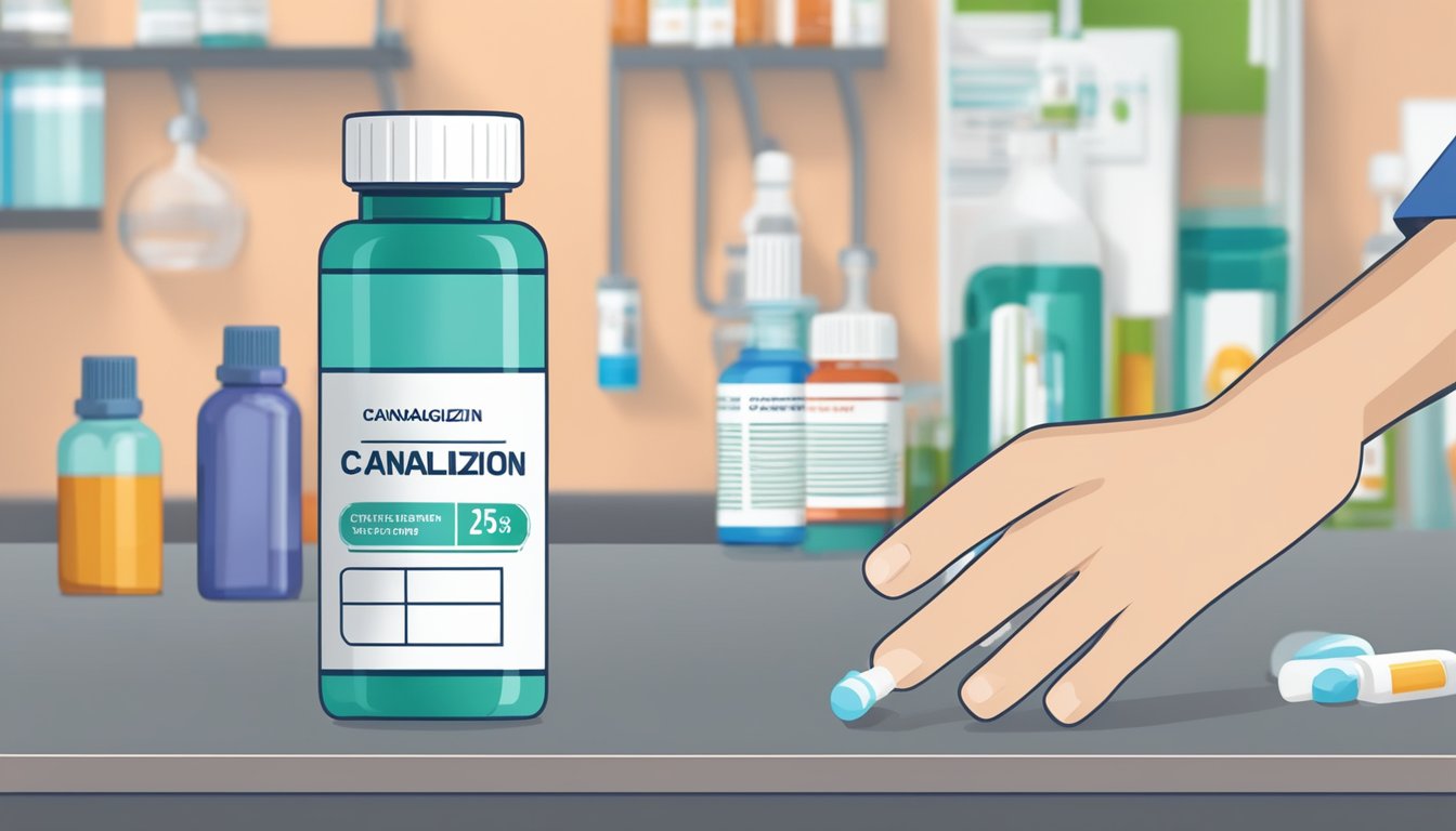 A hand reaches for a medicine bottle labeled "Canagliflozin" with a prominent "Guidelines for Use and Safety" label. The background features a clean, clinical setting with medical equipment