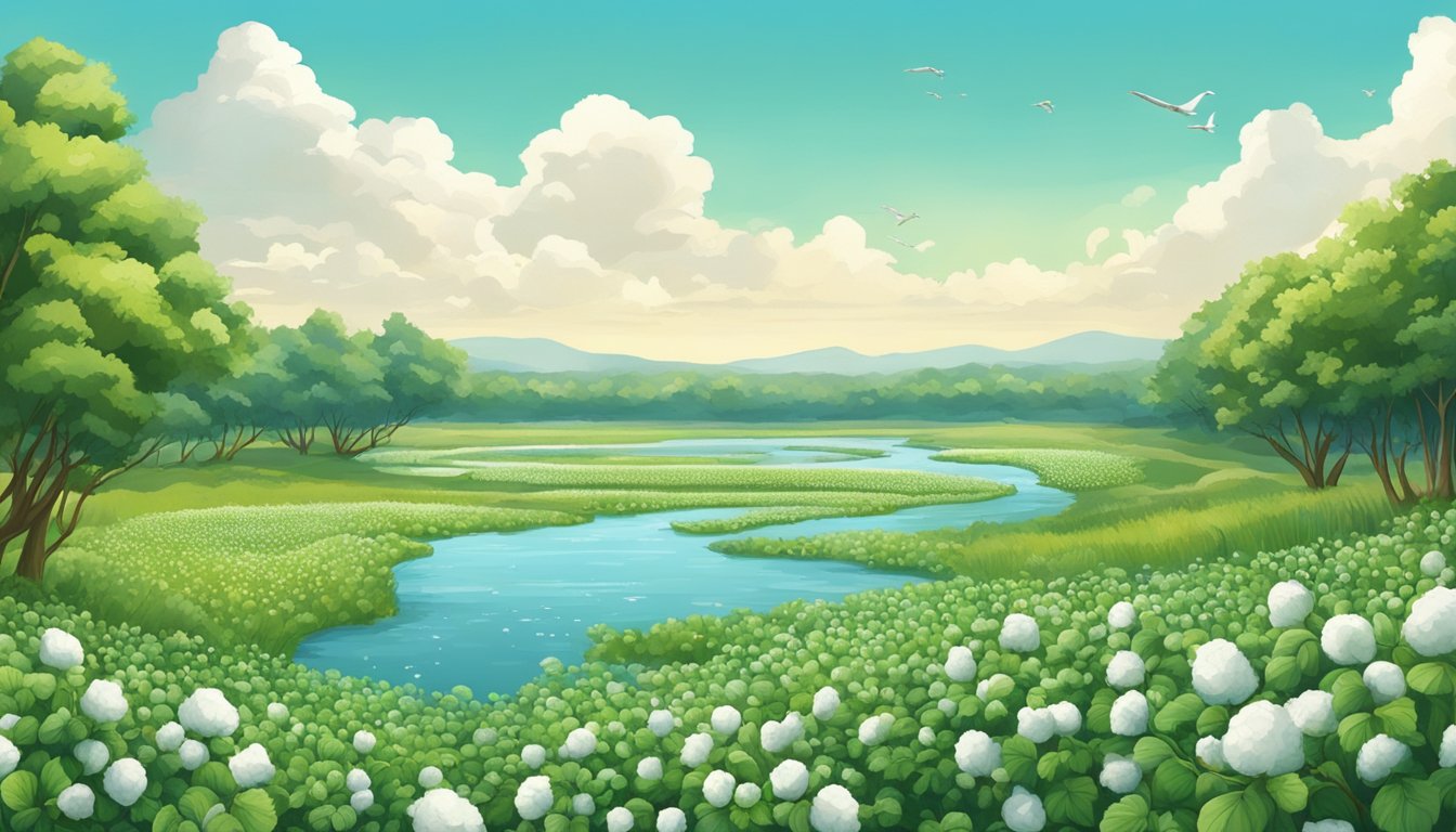 A lush green field of cotton plants, surrounded by diverse wildlife and clean water sources, with a clear blue sky overhead
