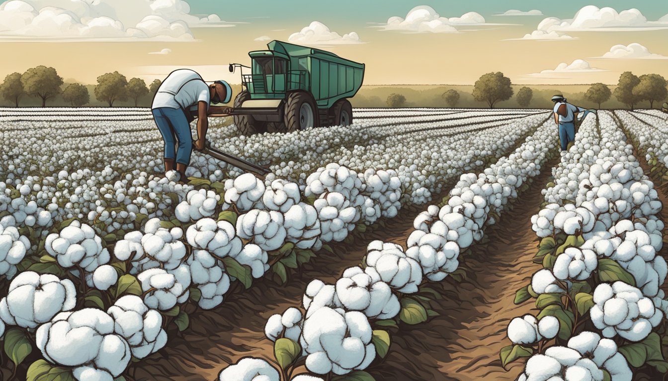 A field of cotton plants being sustainably harvested by workers in fair trade cotton clothing brands