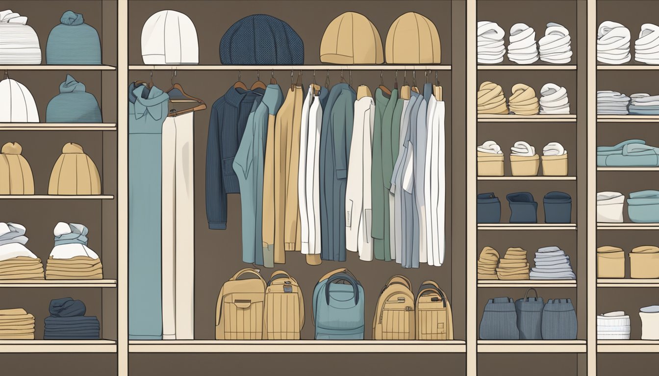 A display of leading organic cotton apparel brands, showcasing various styles and colors, arranged neatly on shelves or racks