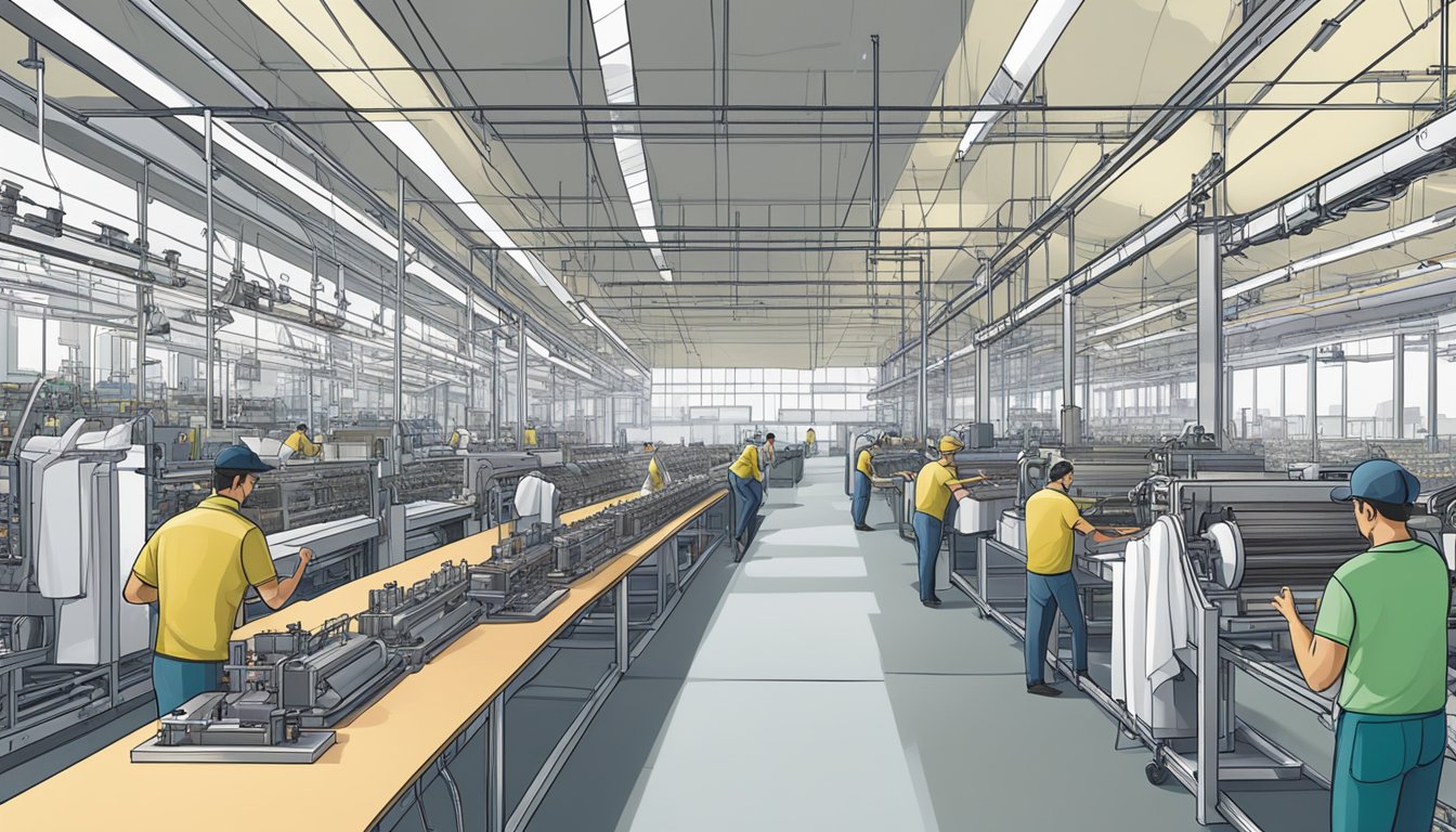 A bustling textile factory with modern machinery producing eco-friendly cotton fabrics for innovative clothing brands