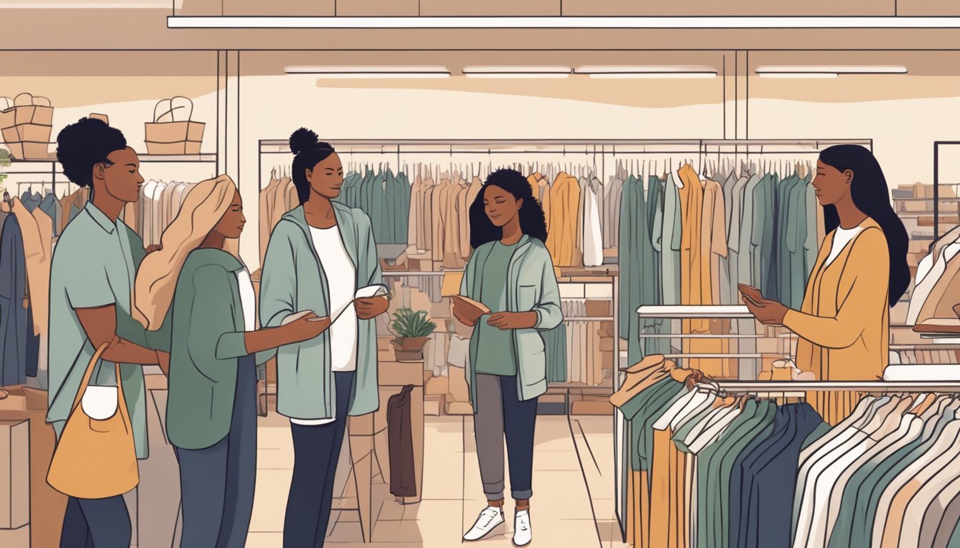 A diverse group of people browsing racks of sustainably made cotton clothing in a modern, eco-friendly store