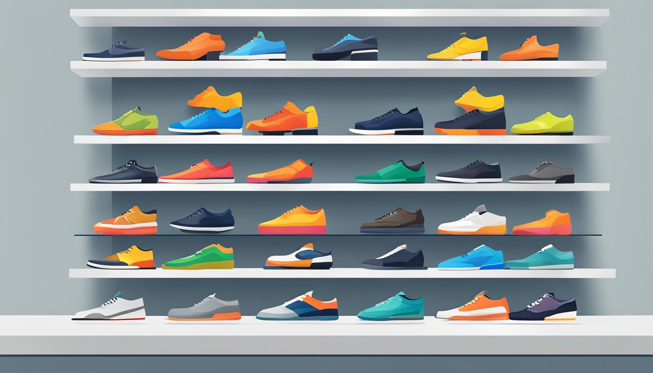 Vibrant, unconventional shoes displayed on a sleek, modern shelf in a minimalist, well-lit store