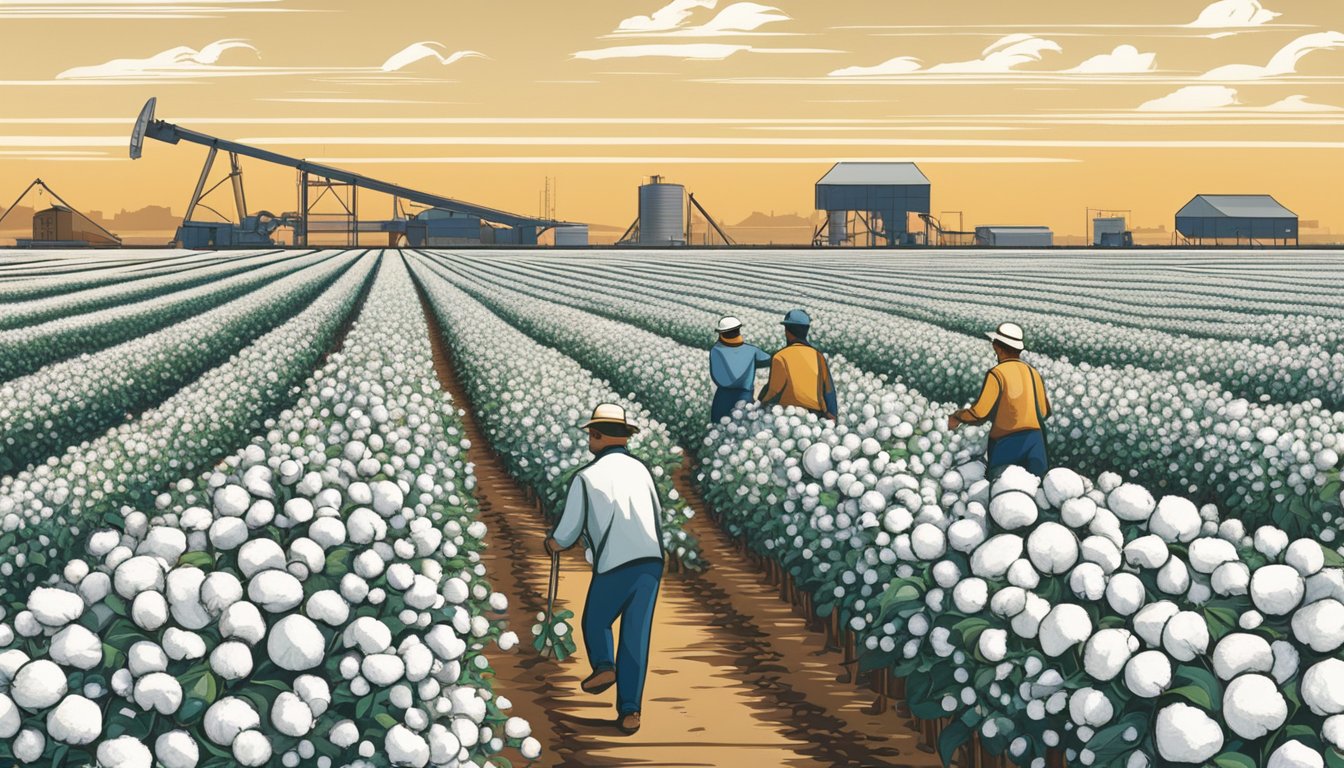 A cotton field stretches to the horizon, with workers picking and processing the crop. In the background, a modern clothing factory symbolizes the future of cotton clothing brands