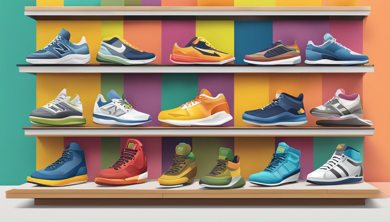 Colorful shoe store display showcasing iconic footwear brands