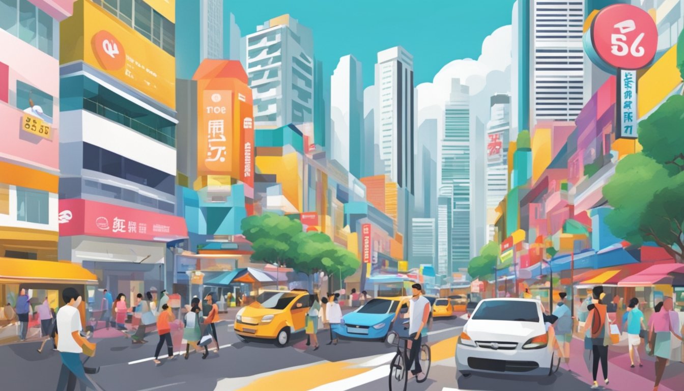 A bustling street in Singapore with criss-crossing signs and vibrant branding