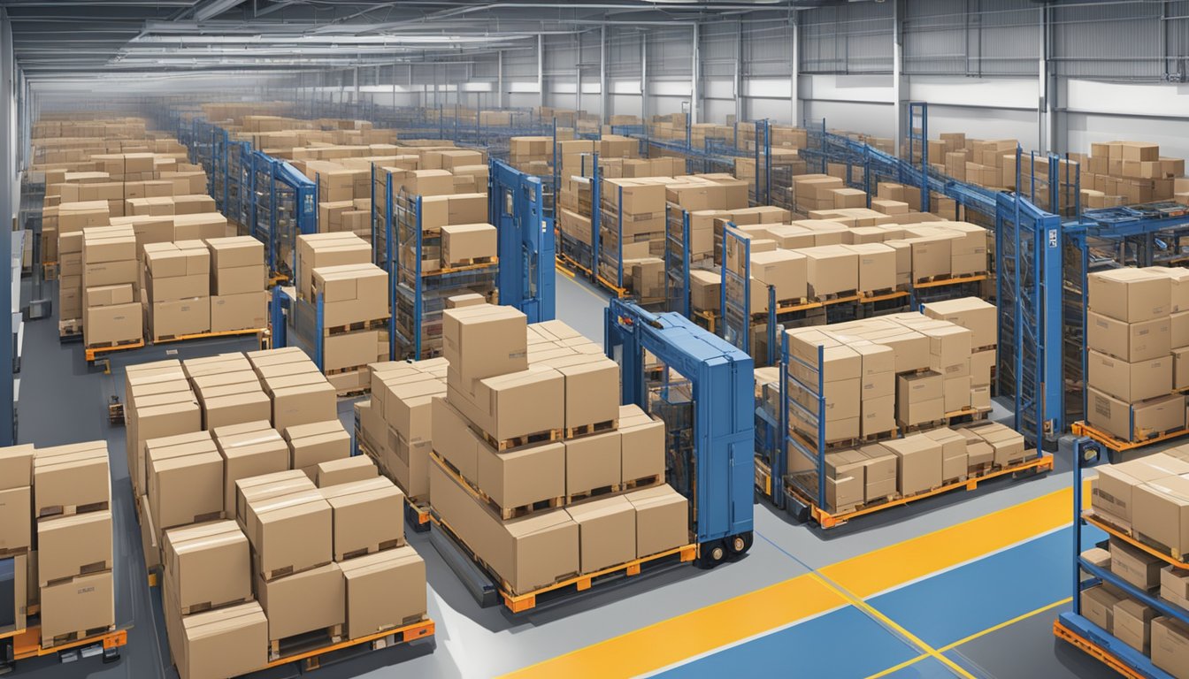 Boxes and pallets move through a bustling warehouse, as trucks come and go in a well-organized logistics and distribution center in Singapore